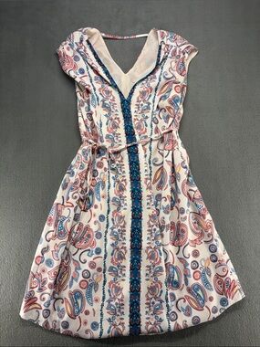 LOFT Boho White Paisley Mini Dress with Blue and Pink Accents